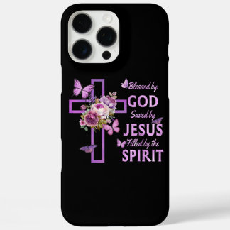 Gods zegen door Jezus Paarse Bloemenkruis iPhone 16 Pro Max Hoesje