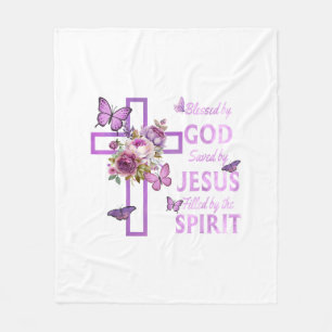Gods zegen door Jezus Paarse Bloemenkruis Fleece Deken
