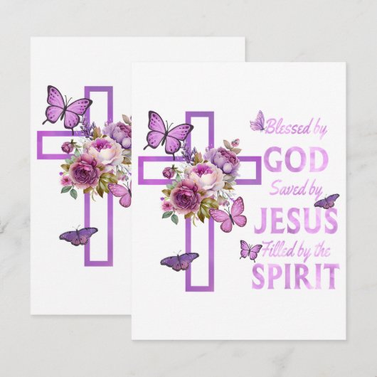 Gods zegen door Jezus Paarse Bloemenkruis Informatiekaartje (Voorkant / Achterkant)