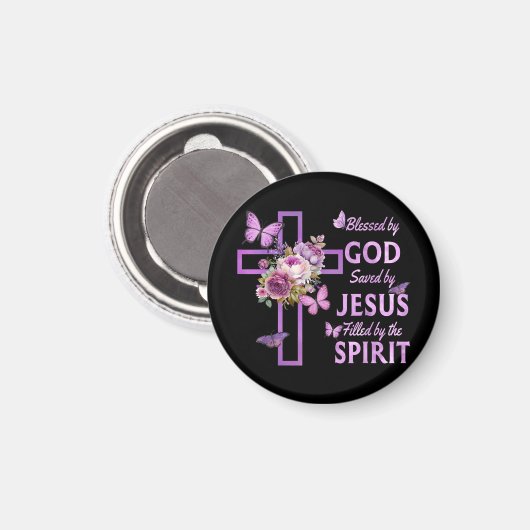 Gods zegen door Jezus Paarse Bloemenkruis Magneet (Voorkant / Achterkant)