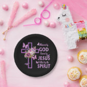 Gods zegen door Jezus Paarse Bloemenkruis Papieren Bordje (Feest)
