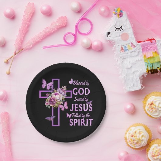 Gods zegen door Jezus Paarse Bloemenkruis Papieren Bordje (Feest)