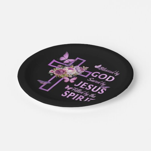 Gods zegen door Jezus Paarse Bloemenkruis Papieren Bordje (Gekanteld)