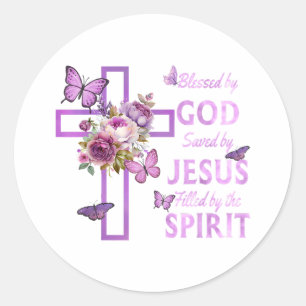Gods zegen door Jezus Paarse Bloemenkruis Ronde Sticker