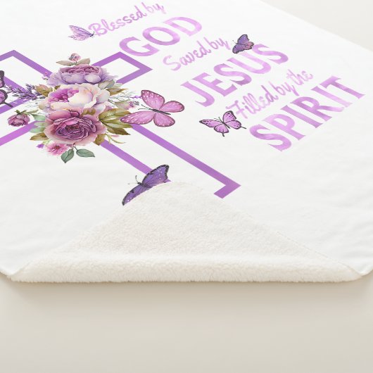 Gods zegen door Jezus Paarse Bloemenkruis Sherpa Deken (3/4)