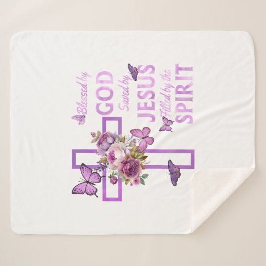 Gods zegen door Jezus Paarse Bloemenkruis Sherpa Deken (Voorkant (horizontaal))