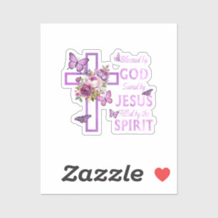 Gods zegen door Jezus Paarse Bloemenkruis Sticker