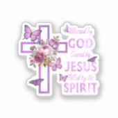 Gods zegen door Jezus Paarse Bloemenkruis Sticker (Voorkant)