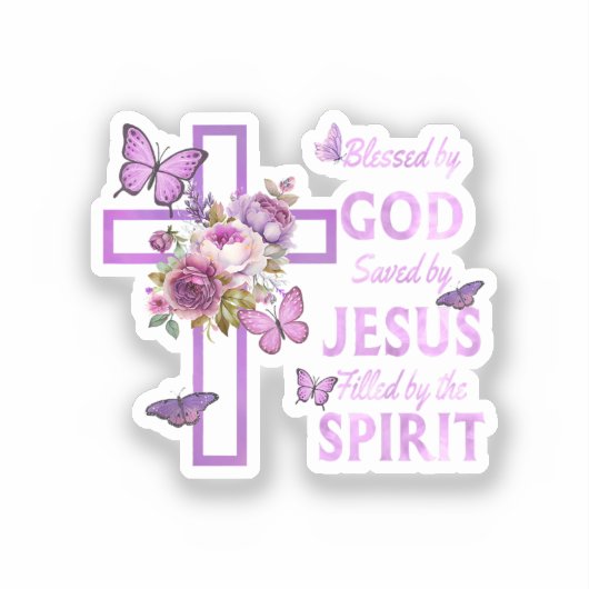 Gods zegen door Jezus Paarse Bloemenkruis Sticker (Voorkant)