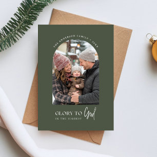 Godsdienstige glorie aan God Kerstboog Foto groen Feestdagenkaart
