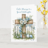 Godsdochter Paaskruis Wit hek Blauwe bloemen Kaart (Gele Bloem)