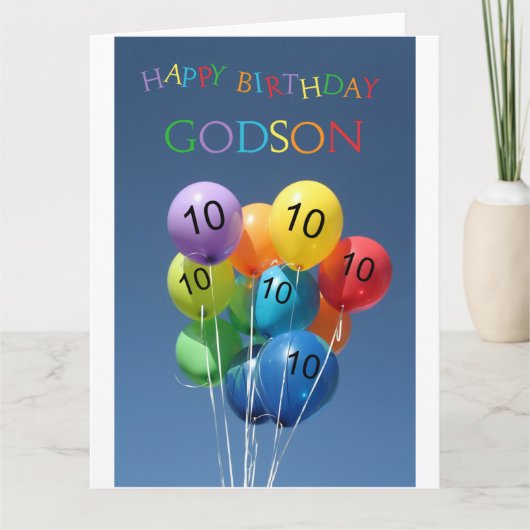 Godson, 10e verjaardag gekleurde ballonnen kaart (Voorkant)