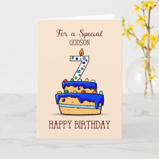 Godson 7th Birthday, 7 op Sweet Blue Cake Kaart (Gele Bloem)