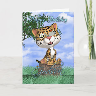 Godson Birthday Card met Cute Jaguar en Butterfl Kaart