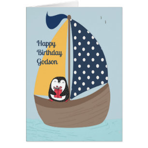 Godson Birthday Kaart met Penguin Sailing