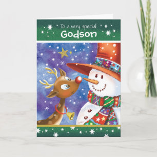 Godson, Cute Reindeer en Snowman Feestdagen Kaart
