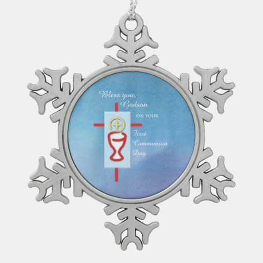 Godson, Eerste Heilige Communie, Blauw Tin Sneeuwvlok Ornament (Voorkant)