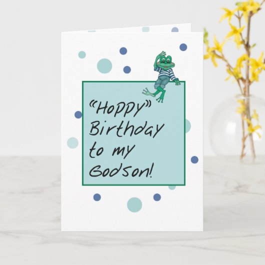 Godson Frog in Jeans, Birthday, Polka Dots Kaart (Gele Bloem)