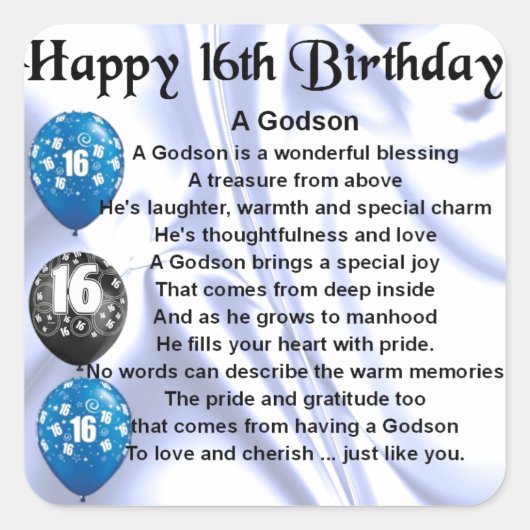 Godson gedicht - 16th Birthday Design Vierkante Sticker (Voorkant)