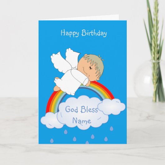 Godson Gift Cute Angel Rainbow gepersonaliseerd Feestdagen Kaart (Voorkant)