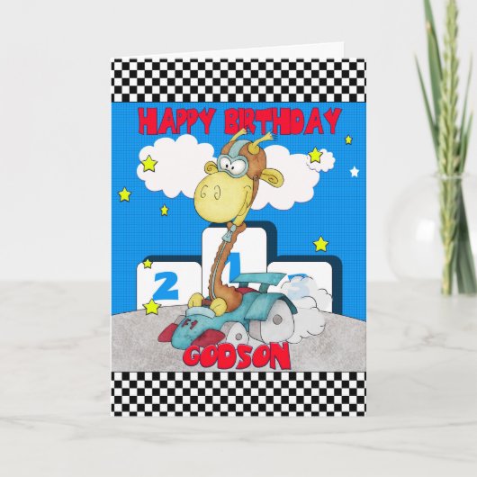 Godson Giraffe Birthday Card - Racing Giraffe Kaart (Voorkant)