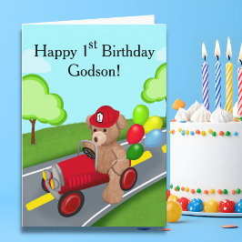 Godson Happy 1st Birthday Teddy Bear Firetruck Kaart