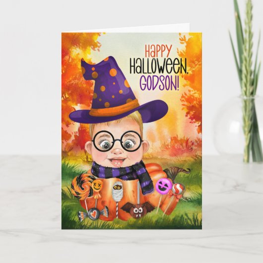 Godson Little Wizard Boy in a Pumpkin Halloween Feestdagen Kaart (Voorkant)