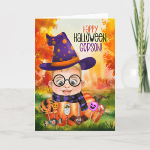 Godson Little Wizard Boy in a Pumpkin Halloween Feestdagen Kaart