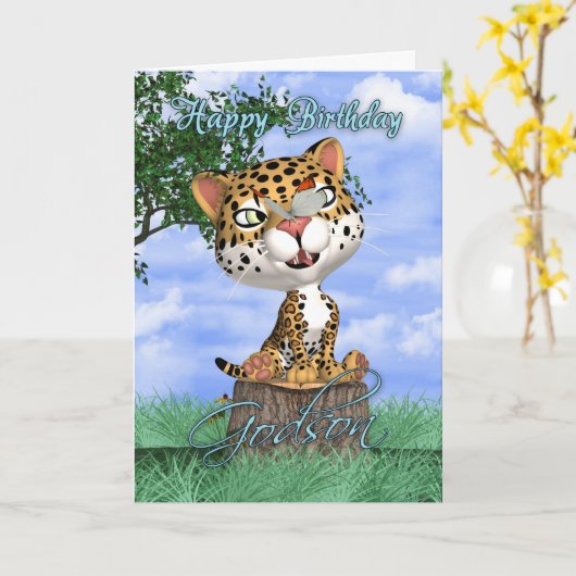Godson Verjaardag Kaart met Schattigee Jaguar en B (Gele Bloem)
