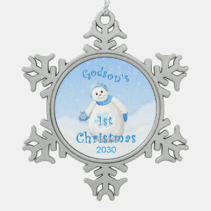 Godson's eerste kerstfeest Snowman Tin Sneeuwvlok Ornament