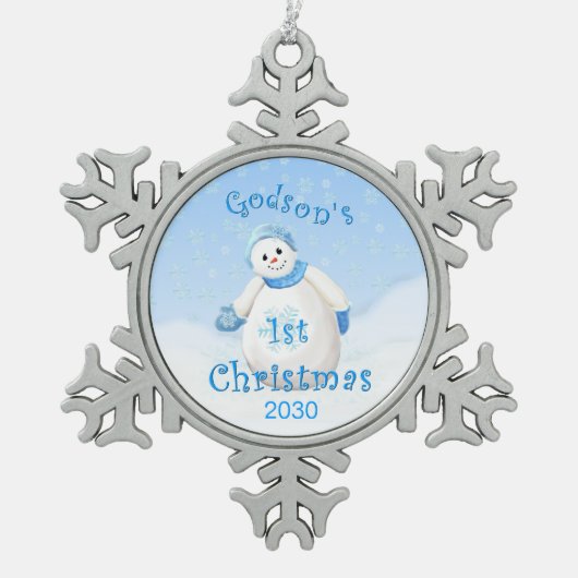 Godson's eerste kerstfeest Snowman Tin Sneeuwvlok Ornament (Voorkant)