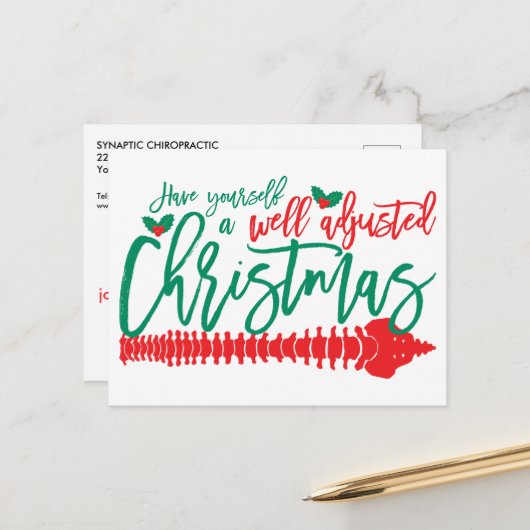 Goed aangepaste kerstchiropraktijk feestdagenkaart (Voorkant / Achterkant in situ)