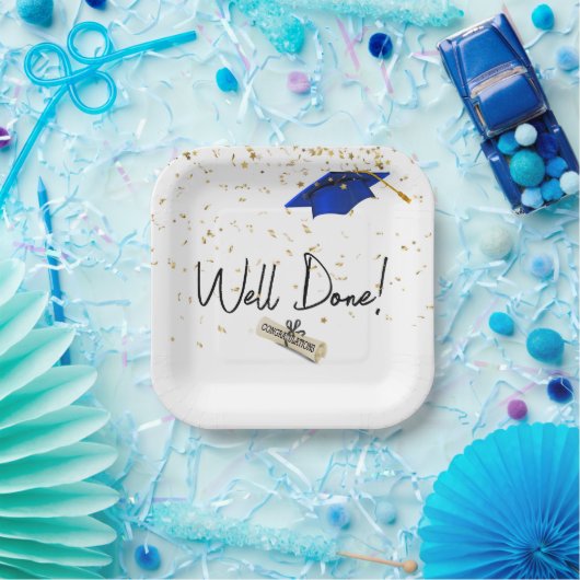 Goed gedaan Afstuderen gouden Confetti met blauw P Papieren Bordje (Feest)