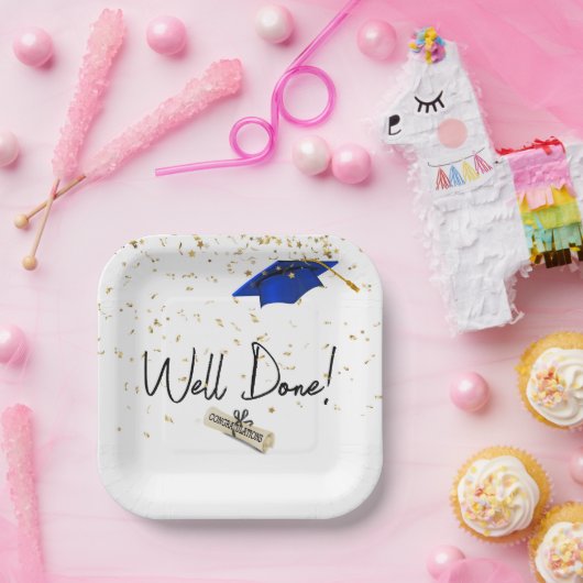 Goed gedaan Afstuderen gouden Confetti met blauw P Papieren Bordje (Feest)