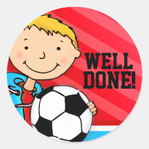 Goed gedaan! jongensblauwe football voetbalsticker ronde sticker