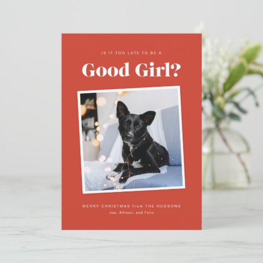 Goed Meisje Grappige Hond Kerstmis Fotokaart Feestdagenkaart (Staand voorkant)