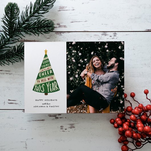 Goed nieuws en vrolijkheid en naar de hel met dit  feestdagenkaart