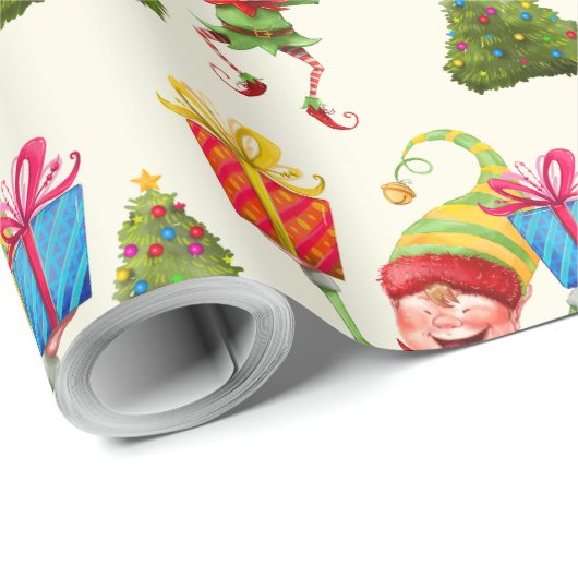 Goedaardige Elf die cadeau bij een kerstboom breng Cadeaupapier (Rol Hoek)