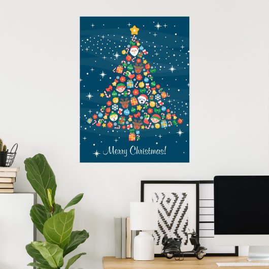 Goedbenauwd kerstboompatroon op blauw poster (Thuiskantoor)