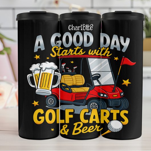 Goede dag: golfkarretjes, bier, plezier thermosbeker