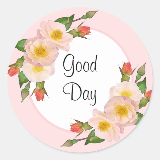 Goede dag Roze Rozen Bloemen Ronde Sticker (Voorkant)
