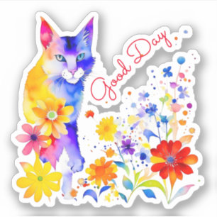 Goede Dag   Waterverf Kat en Bloemen  Sticker