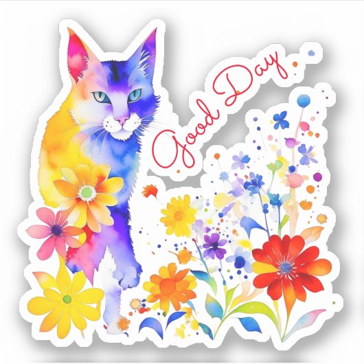 Goede Dag | Waterverf Kat en Bloemen Sticker (Voorkant)