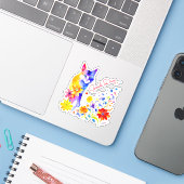 Goede Dag | Waterverf Kat en Bloemen Sticker (Laptop met iPhone)