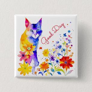 Goede Dag   Waterverf Kat en Bloemen  Vierkante Button 5,1 Cm