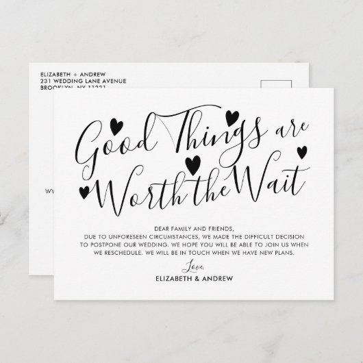 Goede dingen waard het uitstel van de wachtweddens aankondigingskaart (Voorkant / Achterkant)