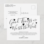Goede Dingen Waard Om Te Wachten Huwelijk Uitstel Aankondigingskaart (Voorkant / Achterkant)