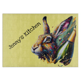 Goede hazendag. Haas & Prosecco! Gele achtergrond Snijplank