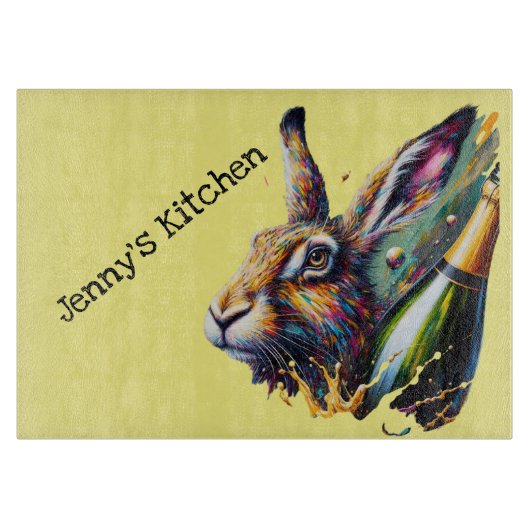 Goede hazendag. Haas & Prosecco! Gele achtergrond Snijplank (Voorkant)