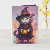 Goede heks Kat, Schattigee Halloween kat groet Kaart (Gele Bloem)